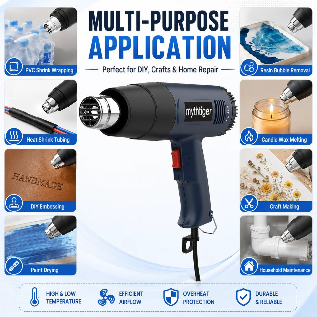 2000W Heat Gun Professional Hot Air Gun Adjustable Temperature 60-600 D 4 Nozzles for DIY Stripping Paint Shrinking PVC and Home