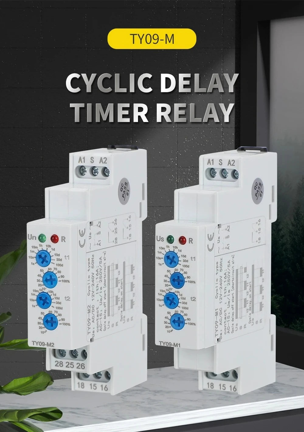 TY09-M1 M2 Cyclic Delay Timer Relay Switch SPDT 220V 16A AC/DC12V-240V 50/60Hz 0.1s-100 Days 2SPDT Din Rail