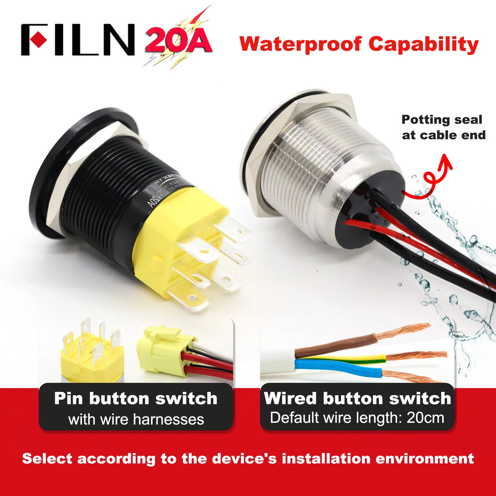 19mm 22mm 20A 12V 24V 110V 220V High Current IP68 Waterproof Flat Ring Round Push Button Switch Metal Stainless Steel 20cm Wire