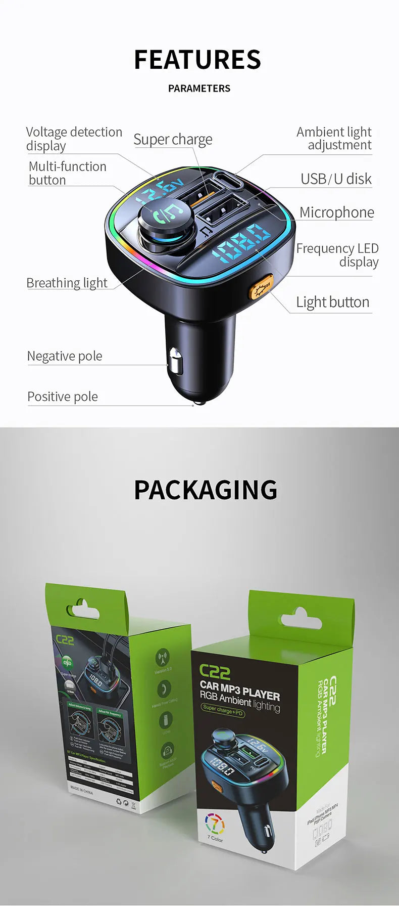 Bluetooth Handsfree FM Transmitter Car Radio Modulator MP3 Player With 22.5W USB Super Quick Charge Adapter for Car
