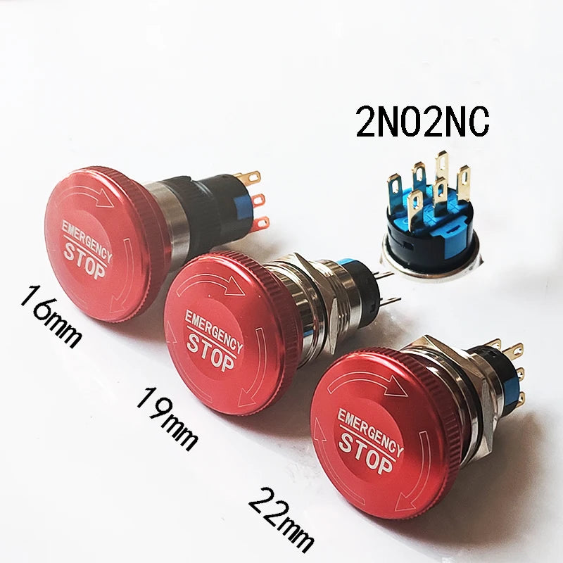 16mm 19mm 22mm Emergency Stop Metal Switch Mushroom Head Push Button Stop Switch 1NO1NC 2NO2NC Latching Switch Retention On Off