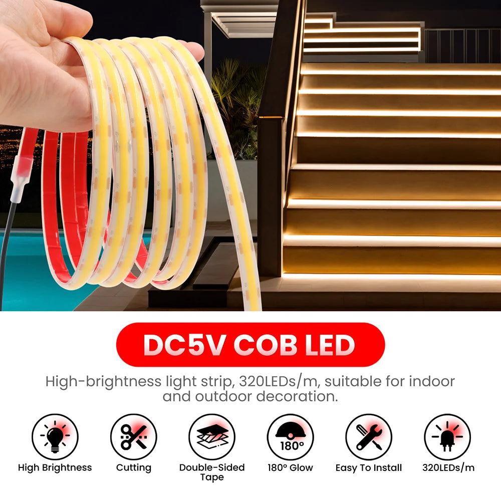 Waterproof Motion Sensor COB Light Battery USB Powered Led Strip IP68 5V Auto ON/OFF Cabinet Kitchen Staircase Liner Lighting