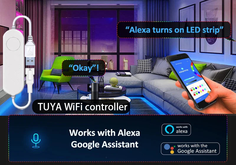 TUYA LED Strip Light Smart Wifi RGBIC Dreamcolor Ribbon Lighting USB 5V WS2812B Addressable Light Lamp Support Alexa Google