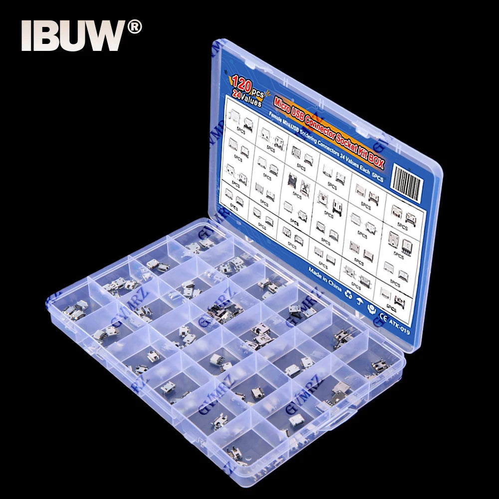 120Pcs Micro USB Connector Kit 24 Models Female Mini Usb Soldering Connectors Diy For MP3/4/5 Samsung Huawei SMD DIP Socket Kit