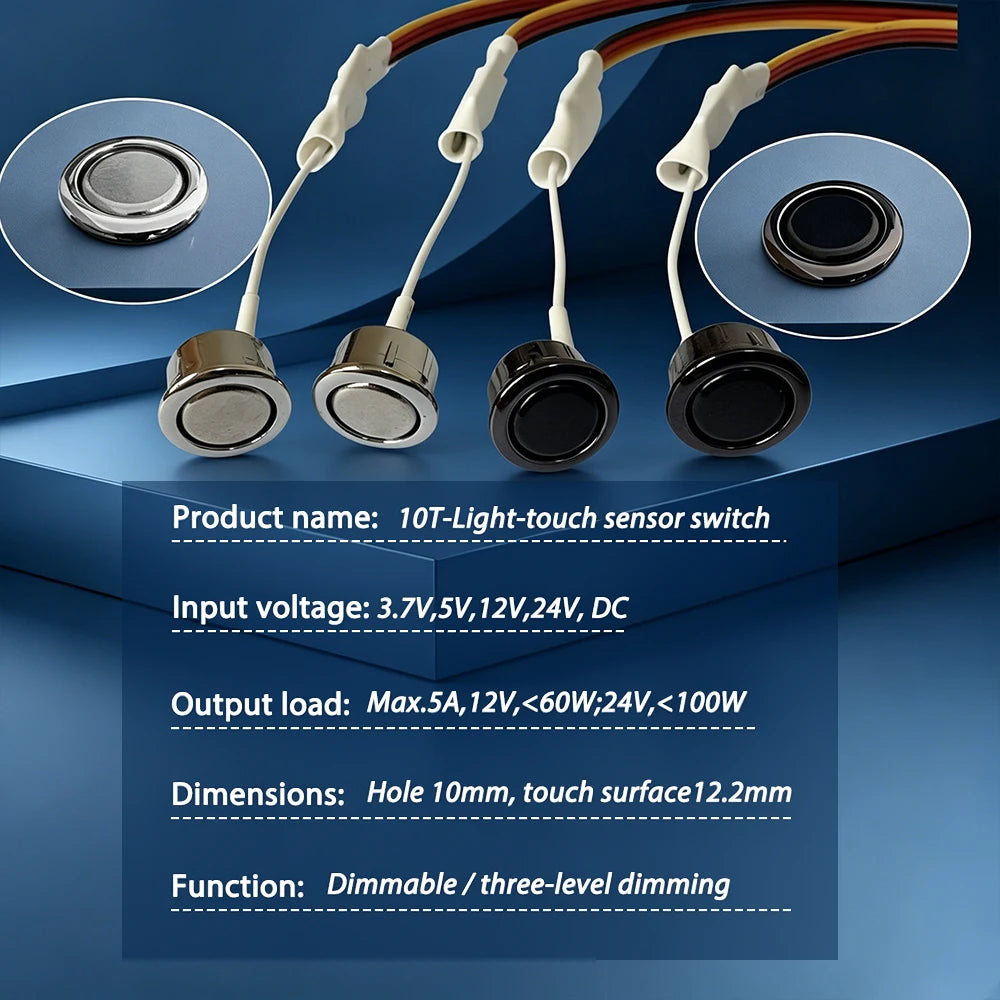 12V 24V Touch Switch,Stepless Dimmable/3‑Step Dimmable,10mm Hole,Capacitive Sensor Light Switch for LED Strip,Marine,silvery