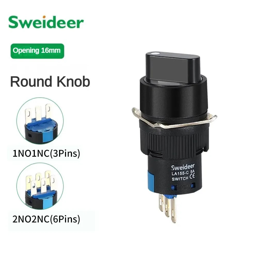16mm Key Rotary Knob Push Button Switch 2 3 Positions Latching Self Lock Round Square Selector Start Up Power Switch 3/6 Pins