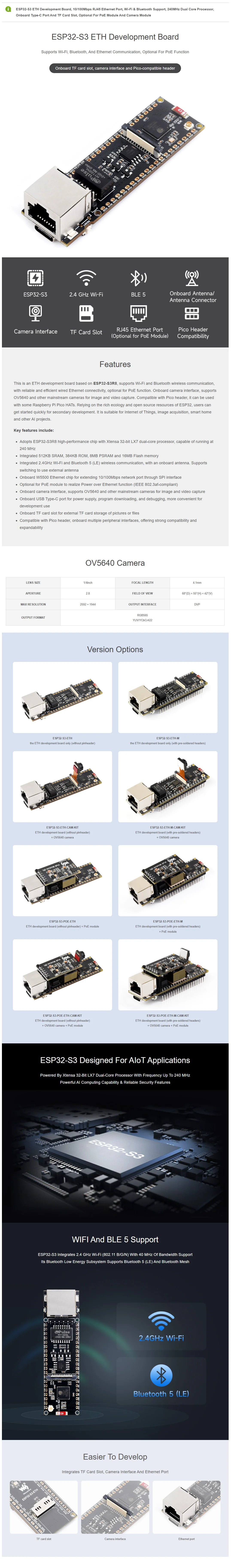 Waveshare ESP32-S3 ETH Development Board, Optional For PoE Module And Camera Module, Onboard TF Card Slot, Camera Interface