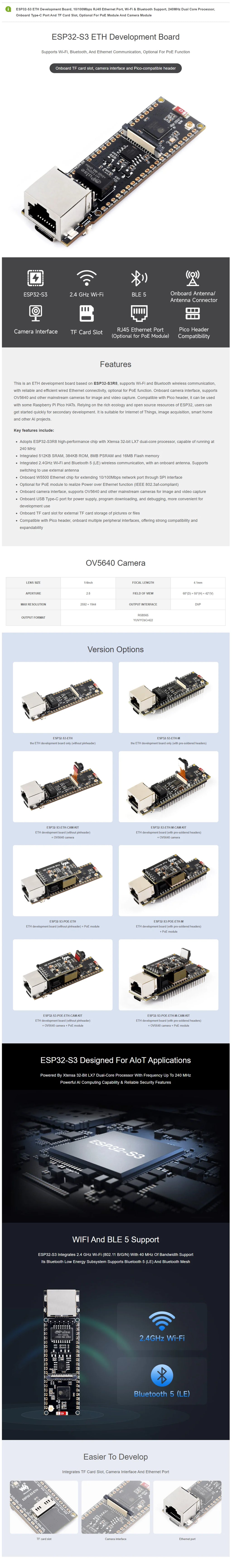 Waveshare ESP32-S3 ETH Development Board, Optional For PoE Module And Camera Module, Onboard TF Card Slot, Camera Interface