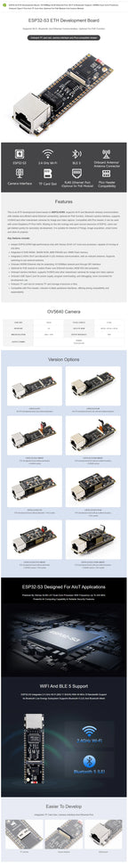 Waveshare ESP32-S3 ETH Development Board, Optional For PoE Module And Camera Module, Onboard TF Card Slot, Camera Interface
