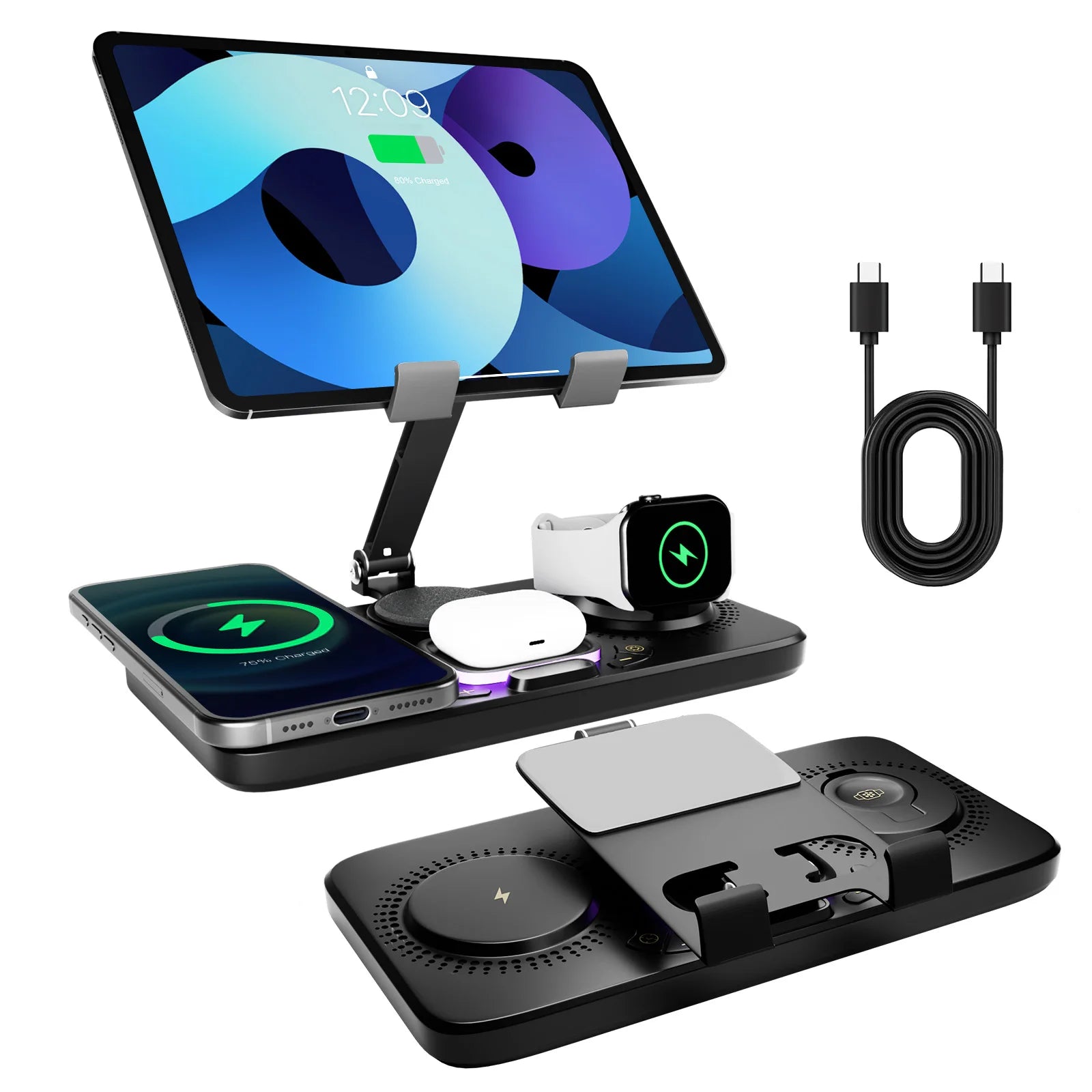 7-in-1 Wireless Charger Station 15W Fast Charging Type C Port Multi-Function Devices for iPhone 17 16 15 14 Samsung Airpods iPad