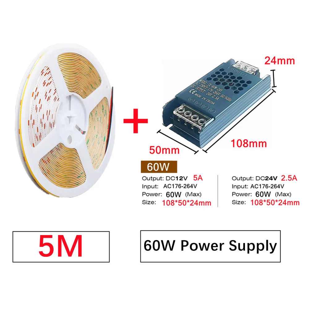 12V 24V COB LED Strip Linear Tape Light Ultra Thin with Power Transformer 2Pin Wire for Home Cabinet Engineering Decor 1 Set