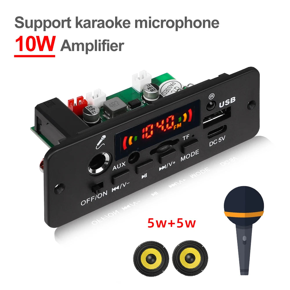 Kebidu 10W Digital Amplifier MP3 Decoder Board DC 5V Bluetooth 5.0 FM Support Microphone Car MP3 Player with Remote Controller