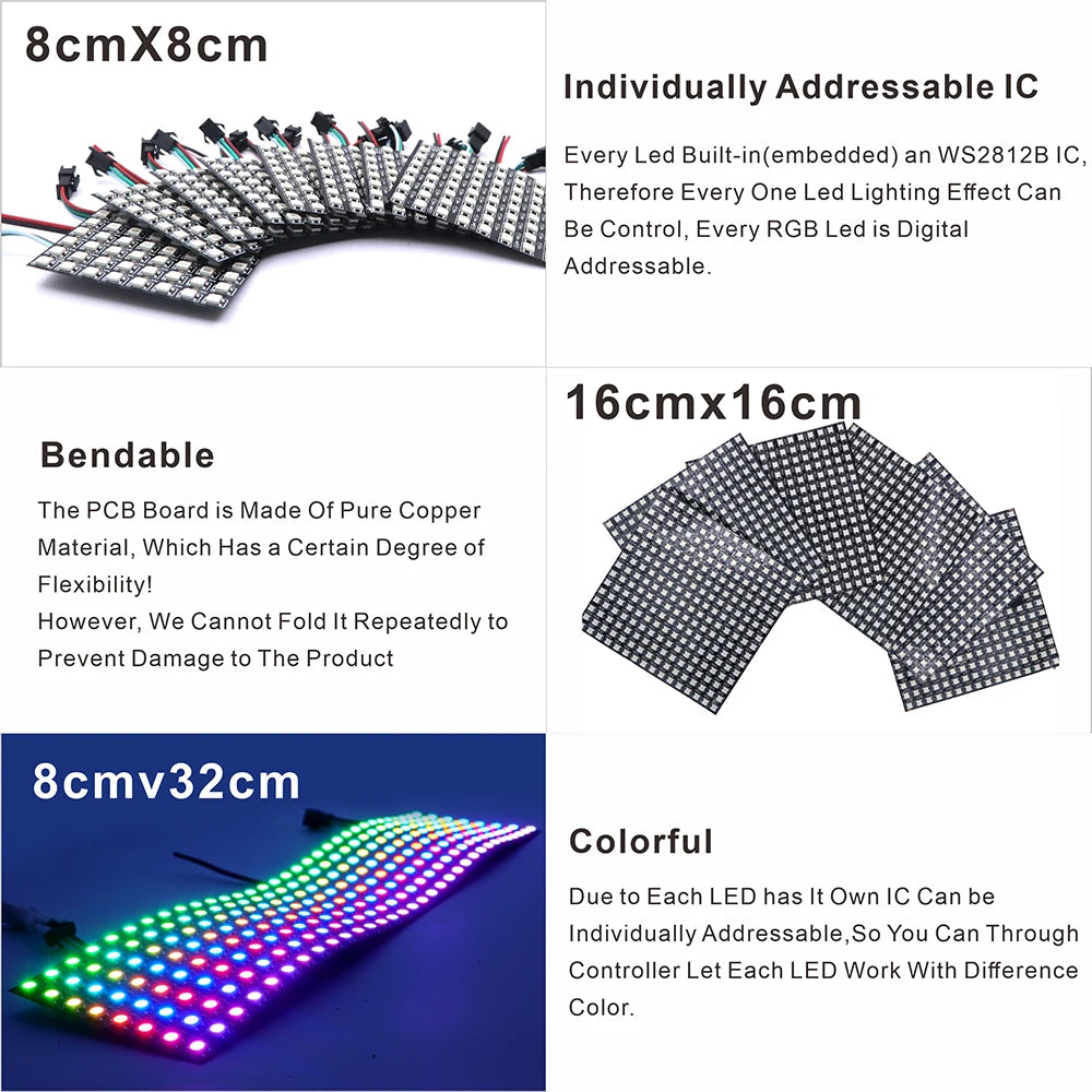 WS2812B RGB 4x12, 8x8, 16x16, 8x32 Pixel Display Screen. WS2812B, Individually Addressable, Digital Flexible Programmable, 5V.