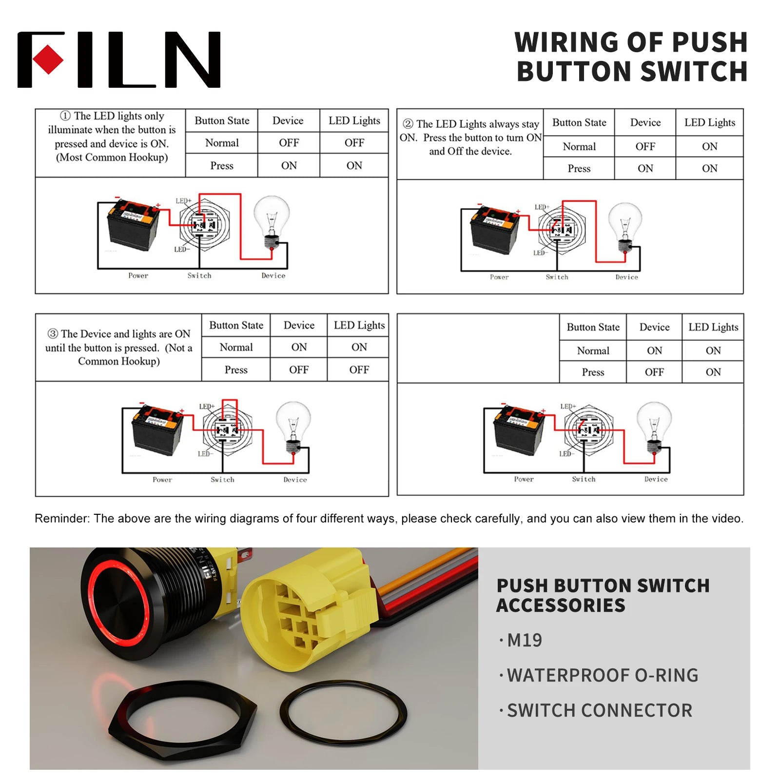 FILN 2PCS 19mm 12V 24V Push Button Switch Ring Button Latching IP65 Waterproof with LED 1NO1NC Pre-Wired Harness 5Amp Marine car