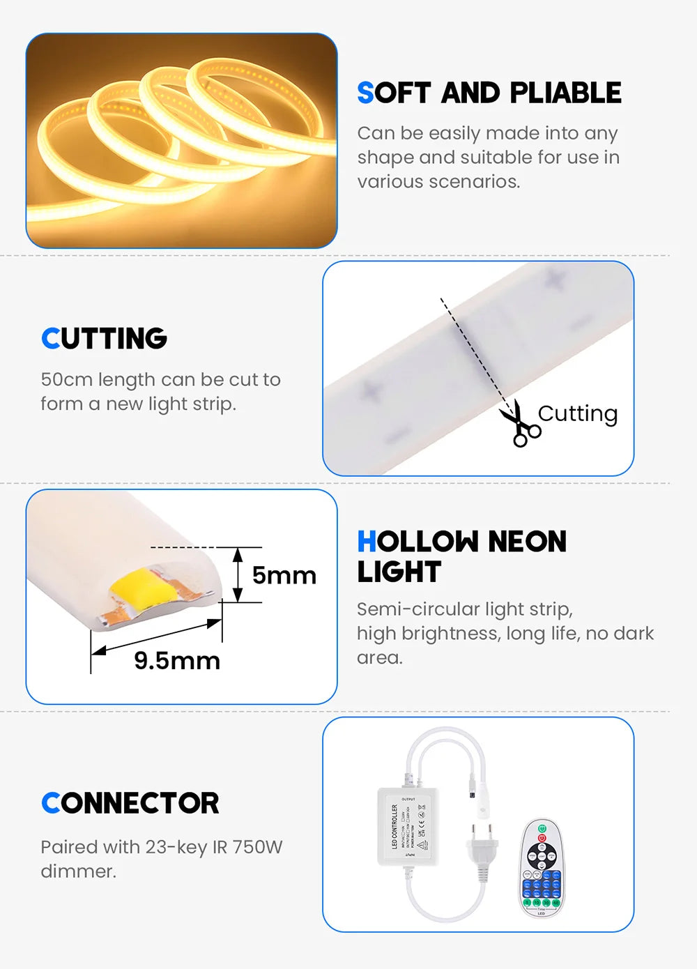 Wall Touch Wifi Bluetooth COB LED Neon Strip Light 220V Dimmable 23key Remote Control Power Kit AC 220V 288LED/m Waterproof Rope