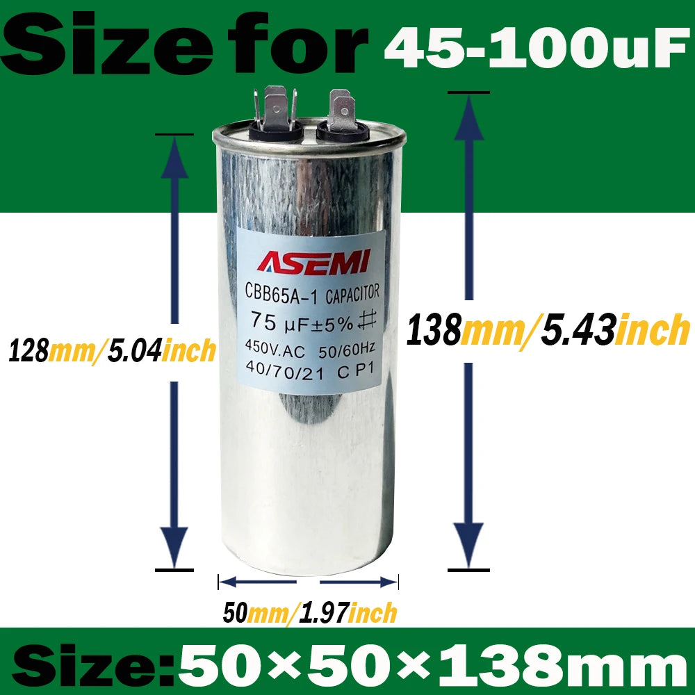CBB65 450V AC Motor Capacitor Air Conditioner Compressor Start Capacitor 5uF 6uF 20uF 25uF 30uF 35uF 40uF 45uF 50uF 60uF 70uF