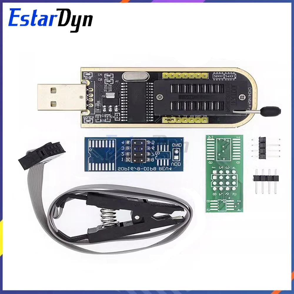 CH341 CH341A/CH341B Programmer 1.8V/3.3V/5V USB EEPROM Flash BIOS Burner for 24CXX/25CXX/93CXX with SOIC8 Test Clip & Adapter