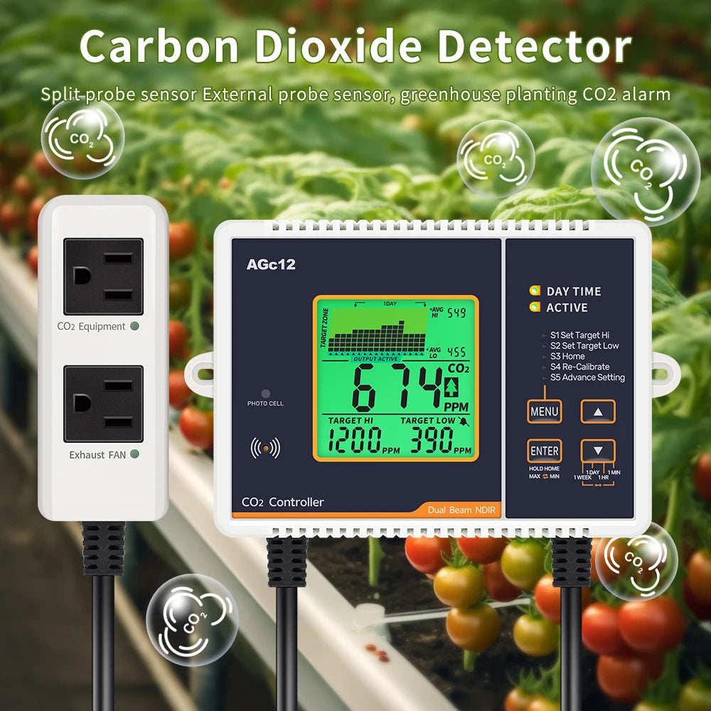CO2 Monitor Controller Concentration Tester Carbon Dioxide Monitor NDIR Sensor CO2 Pressure Regulator Valve for Greenhouse