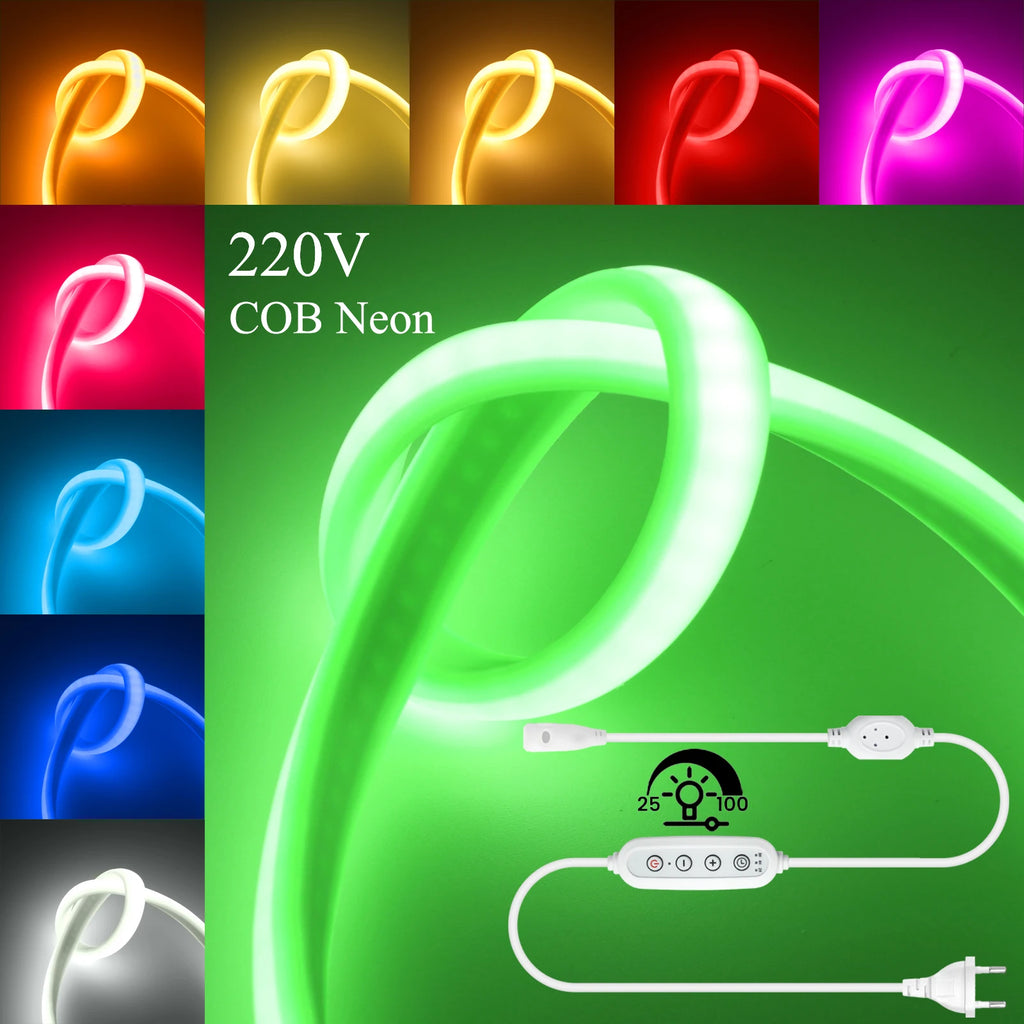 220V COB LED Strip Power EU Plug Dimmable Timer 288LEDs/m Waterproof Neon Light Tape Red Blue Green Pink White Home Garden Decor
