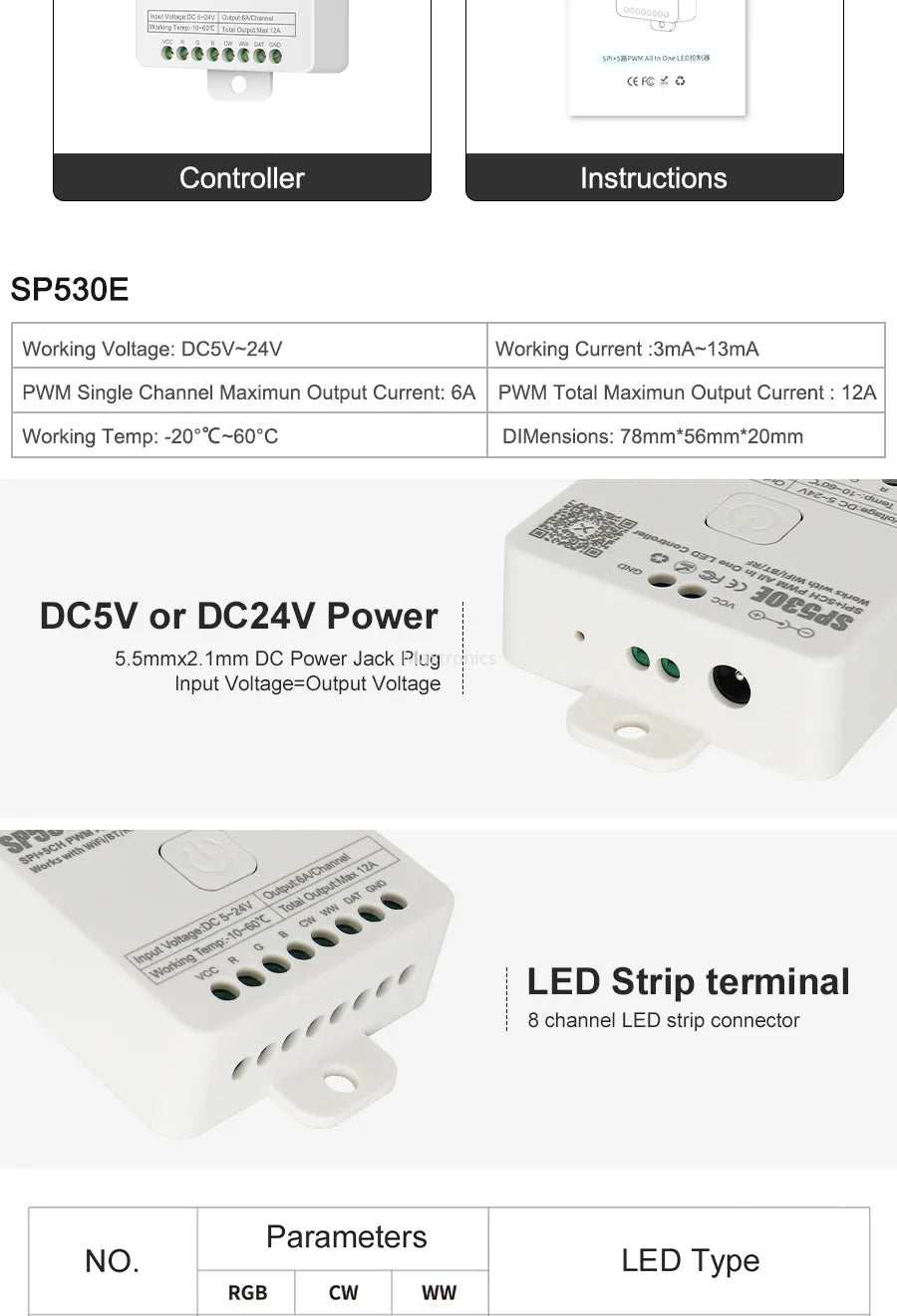 LED Controller Universal Wifi SPI Pixel Dimmer SP530E Addressable Controller PWM RGB RGBW RGBCCT LED Dim 5-24V LED Light