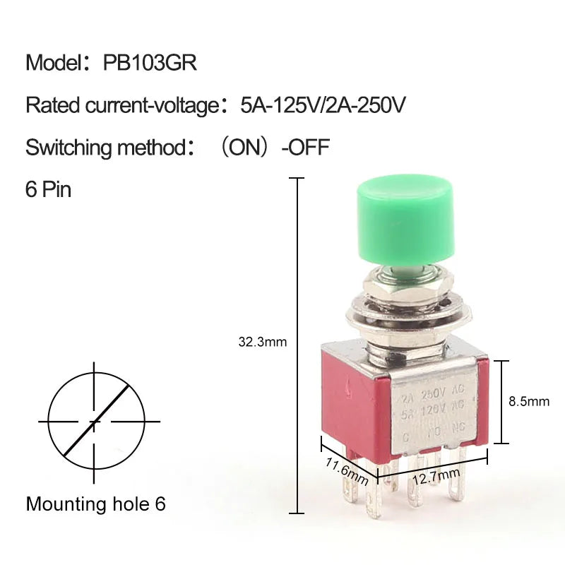 5PCS 3Pin C-NO-NC Reset Latching Toggle Switch Automatic return Push Button (ON)-OFF 5A125V/2A250V 6mm Mini Toggle Switches
