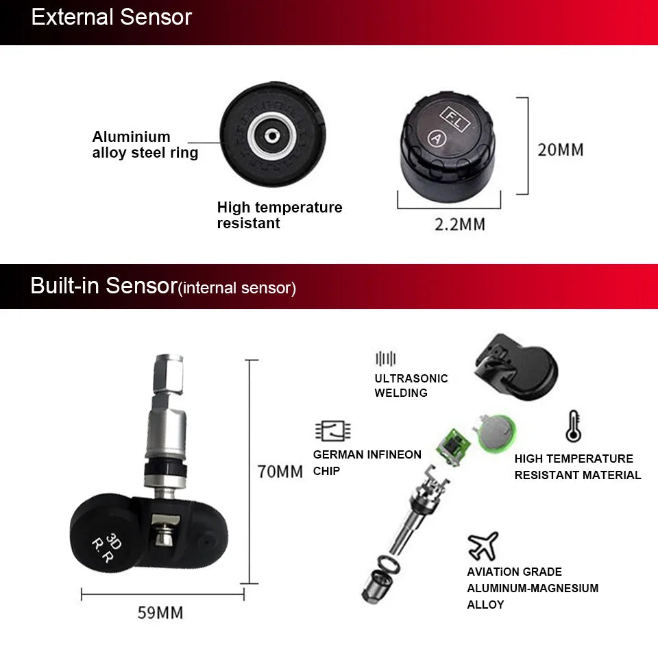 E-ACE K07 TPMS Solar Sensor Intelligence Wireless Tire Pressure Monitoring System Temperature Warning With 4 Sensors