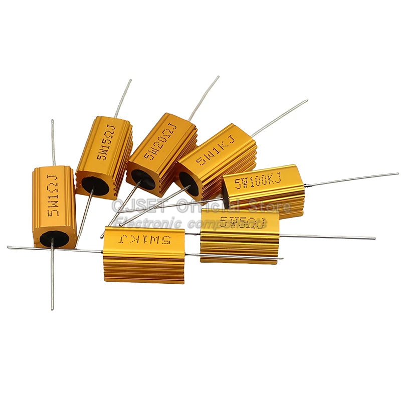 1pcs Gold Aluminum Housed High Power Resistors RX24-5W 0.1R 1R 2 3 4 5 6 8 10 20 47 100 150 200 300 470 Ohm 1K Ohm 10K 100K Ohms