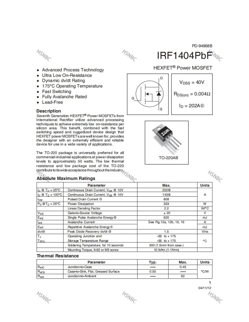 10PCS IRF1404 IRF1404PBF TO-220 202A 40V N-channel Power MOSFET Transistor 100% New Original