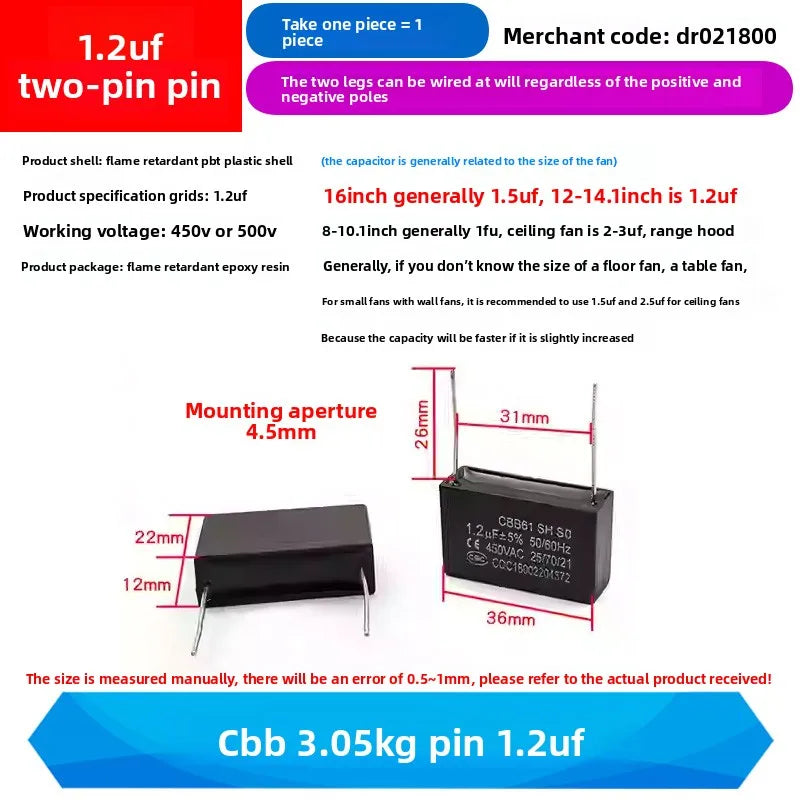 CBB61 Fan Air Conditioner Starting Capacitor 450V 1/1.2/1.5/2/2.5/3/3.5/4/4.5/5/6/7/8/10/12UF Ceiling Fan Hood Motor Capacitor