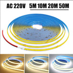 5M 10M 20M 50M/Roll COB Strip AC 220V 240Leds/M IP20 3000K 4000K 6000K Driver Build In Home Decor Flexible Ribbon Rope LED Light