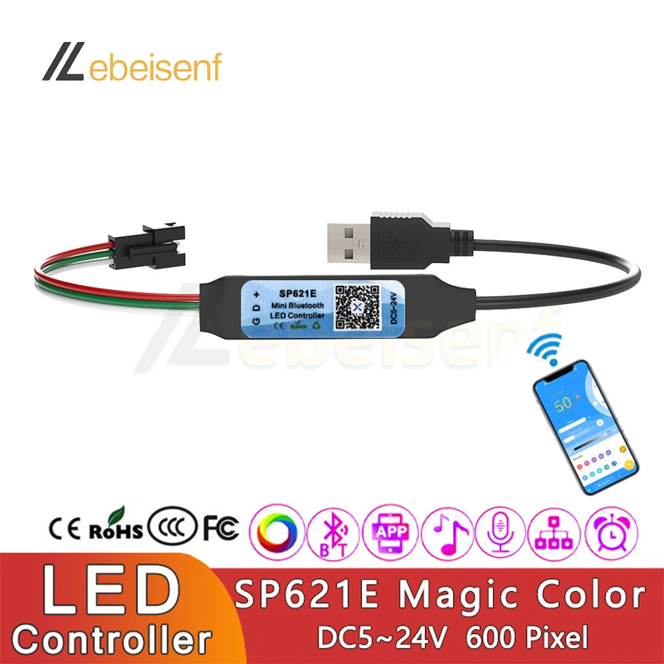 USB SP621E Mini Bluetooth LED Controller Smart APP Magic Color Dimmer SPI Addressable Digital IC for WS2812B 2811 5050 LED Strip