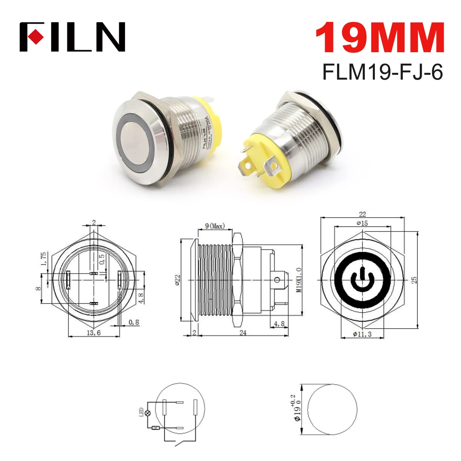 19mm 22mm 20A 12V 24V 110V 220V High Current IP68 Waterproof Flat Ring Round Push Button Switch Metal Stainless Steel 20cm Wire