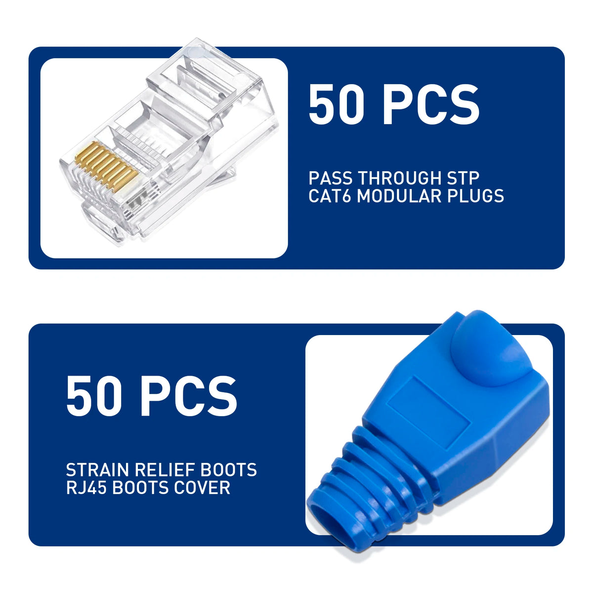 ZoeRax 50PCS RJ45 Cat6 CAT5E UnShielded Pass Through Connector and Strain Relief Boots Kit Gold-Plated 8P8C RJ45 Modular Plug