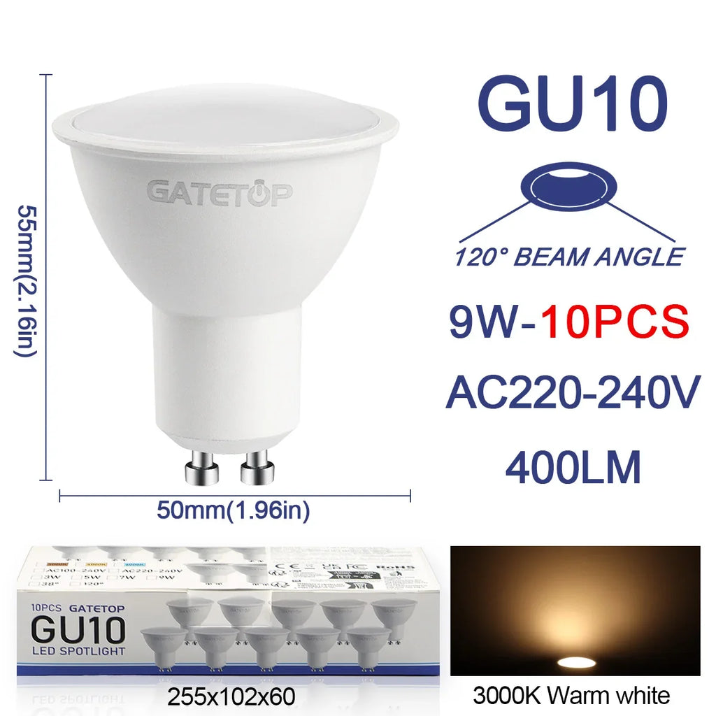 10 Pack Focos Gu10 Spotlight Lampara 220V Led Bulb Wholesale 9W White Warm 3000k 6000K Suitable for Home Commercial Buildings