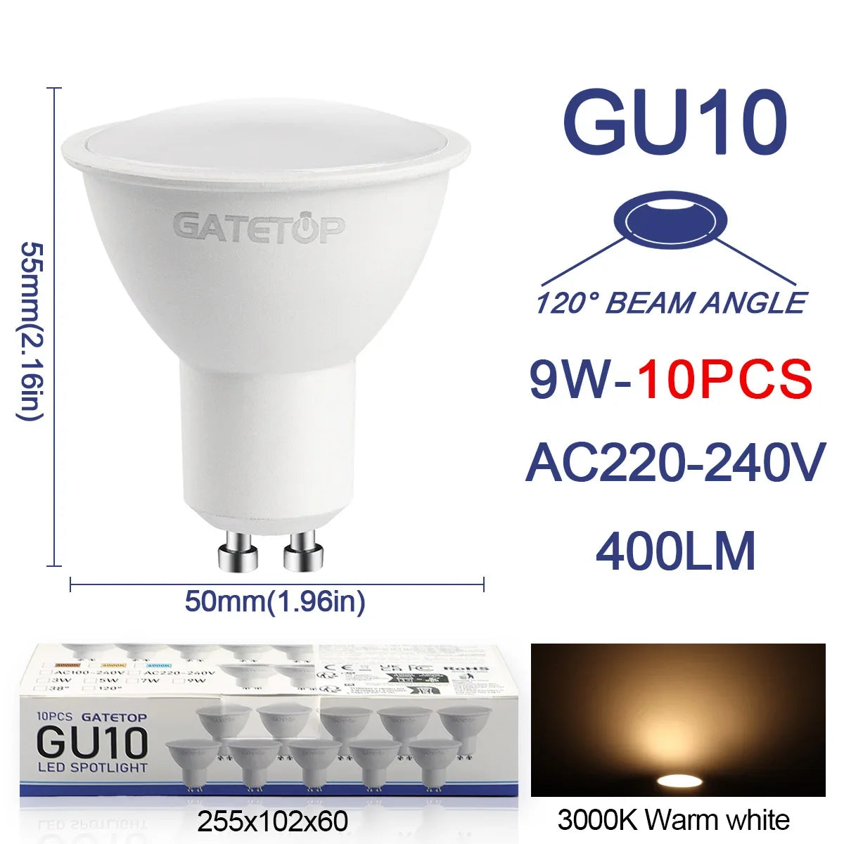 10 Pack Focos Gu10 Spotlight Lampara 220V Led Bulb Wholesale 9W White Warm 3000k 6000K Suitable for Home Commercial Buildings
