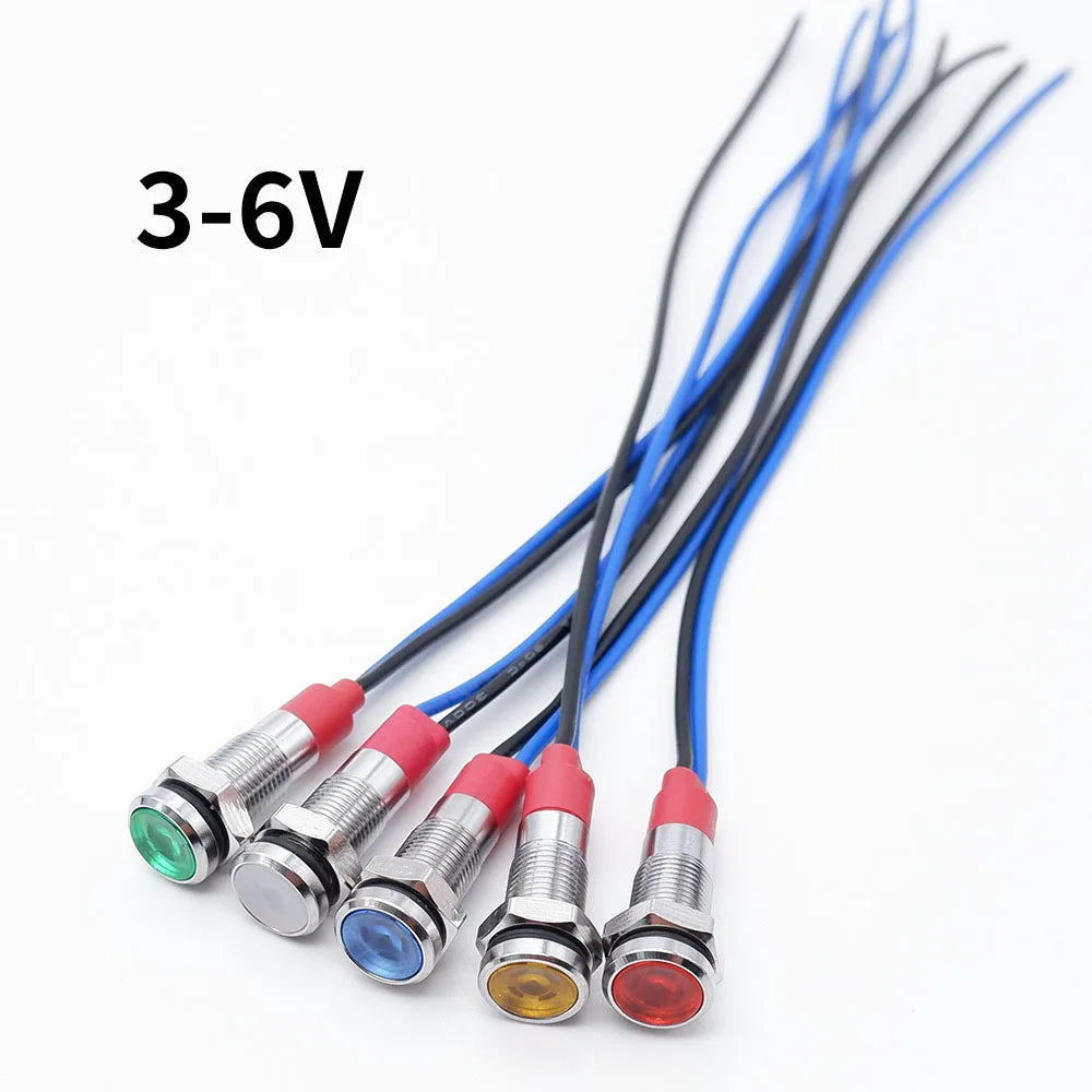 5pcs 6mm Metal Indicator Light LED Warning Signal Lamp Pilot With Wire 3V 5V 6V 12V 24V 220V Red Orange Blue Green White