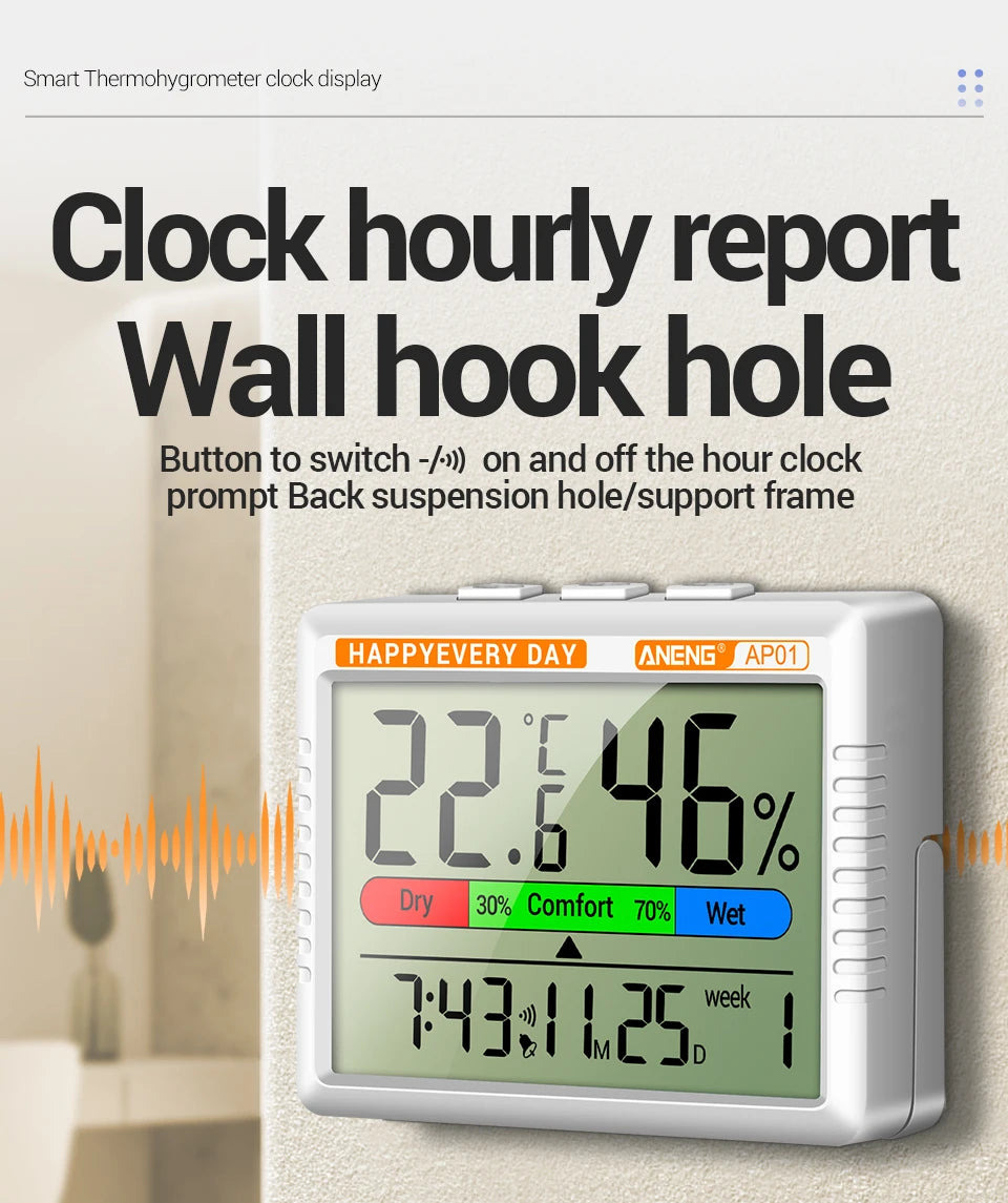Digital Thermohygrometer Clock ANENG AP01 Snooze Alarm Mode Air Thermometer Humidity Multi-scenario High Precision Tester Tools