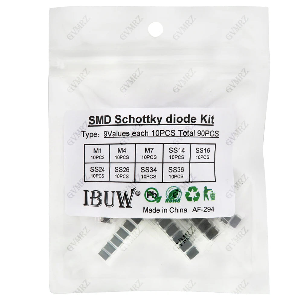 90PCS 9Values SMD Schottky Diode Kit M1 M4 M7 SS14 SS16 SS24 SS26 SS34 SS36 for Electronic Rectification Projects M1