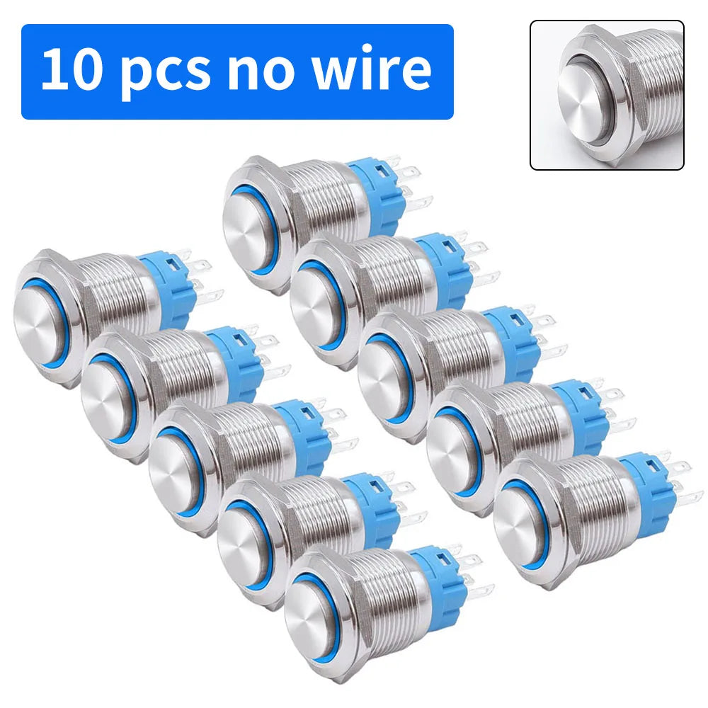 10 pcs  Latching Push Button Switch Metal Shell 16/19/22mmWaterproof Power Symbol Pattern Self-Locking Momentary Fixed 1NO 1NC