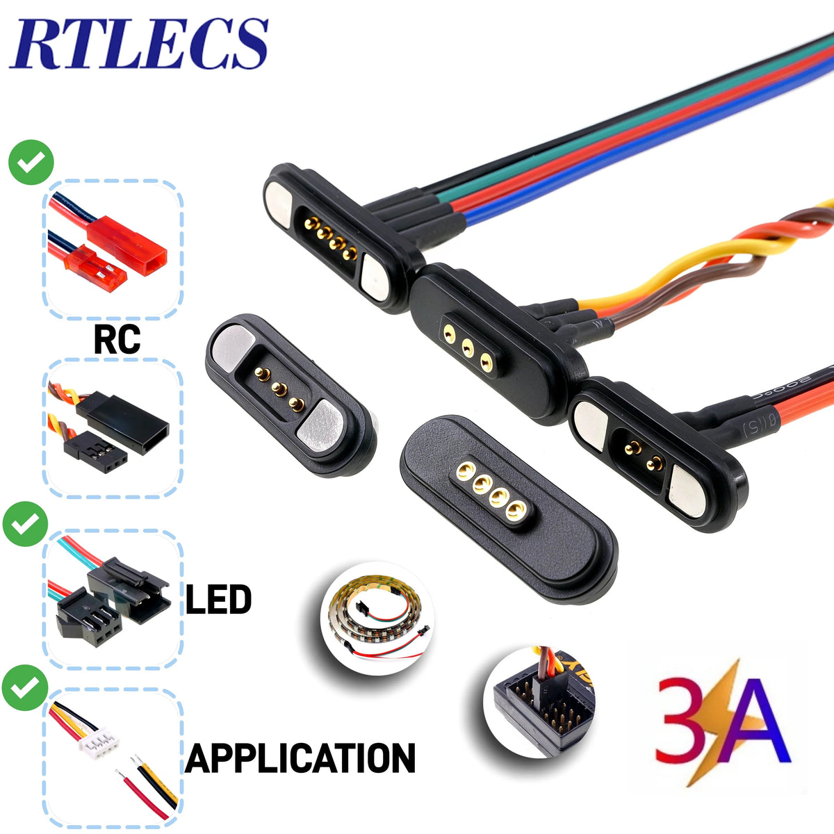 3A Magnetic Spring Loaded Pogo Pin Connector 5-24VDC 2/3/4 Pin Male Female Blind Led Lamp Snap-on JST SM JR Servo Extended Cable
