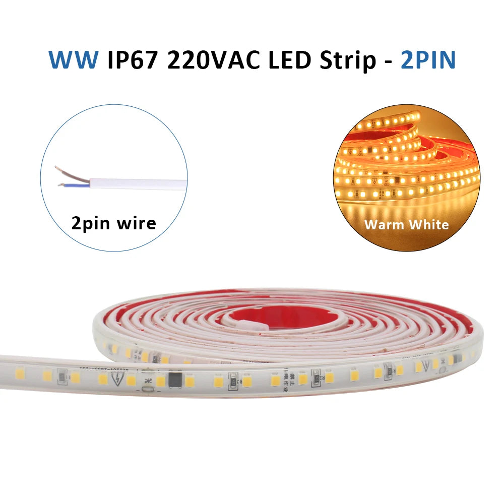 AC 220V 230V 2835 LED Strip Light Waterproof IP67 120LEDs/m Flexible Tape Lamp Warm Cold White 1M 2M 3M 5M 10M 20M Home Lighting