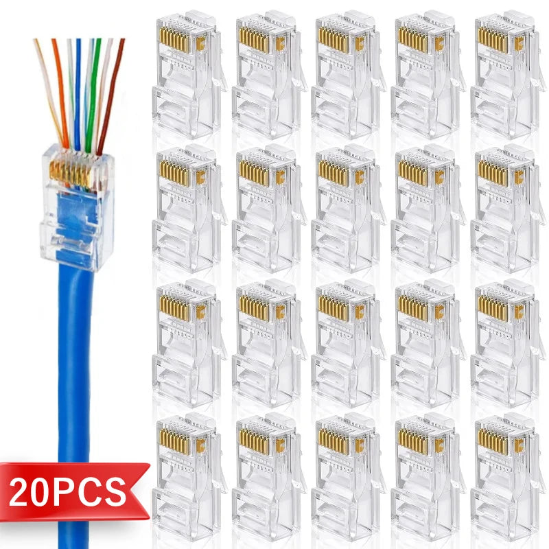 PC Hardware Cable Adapter CAT5e RJ45 Pass Through Modular Plug Network Connector RJ-45 UTP 30μ 1.2mm Hole End for Ethernet Cable