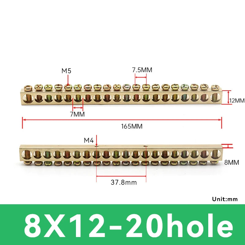 1 PCS Multi Specification Brass Ground Strip 5/6/7/8/9/10/12/15/20 Hole Brass Rod Grounding Terminal Ground Bar Terminal Strip