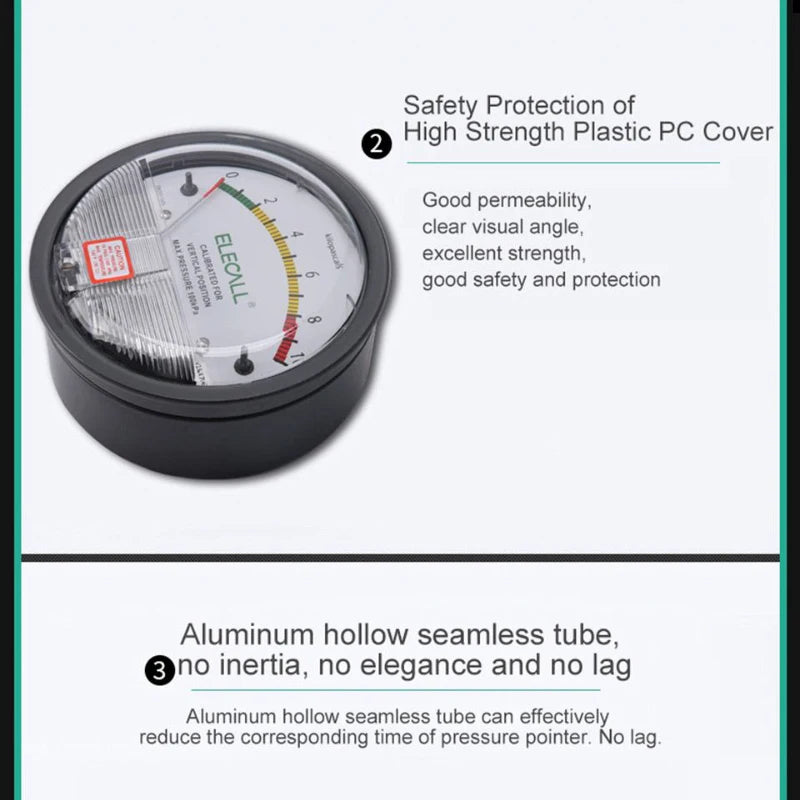 ELECALL EM2000 Differential Pressure Gauge Pa/Kpa/psi/mmH₂O for Air Gas Meters Barometer Pressure for Clean Room