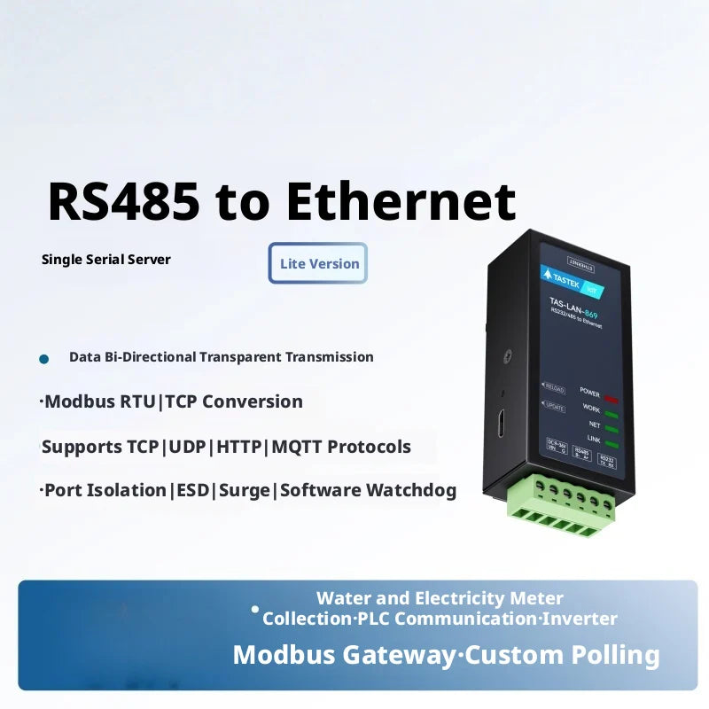 Serial to Ethernet Converter, RS485↔Ethernet, Modbus RTU/TCP Gateway, IP30, 5-36V DC, DIN Rail Mount