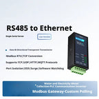 Serial to Ethernet Converter, RS485↔Ethernet, Modbus RTU/TCP Gateway, IP30, 5-36V DC, DIN Rail Mount