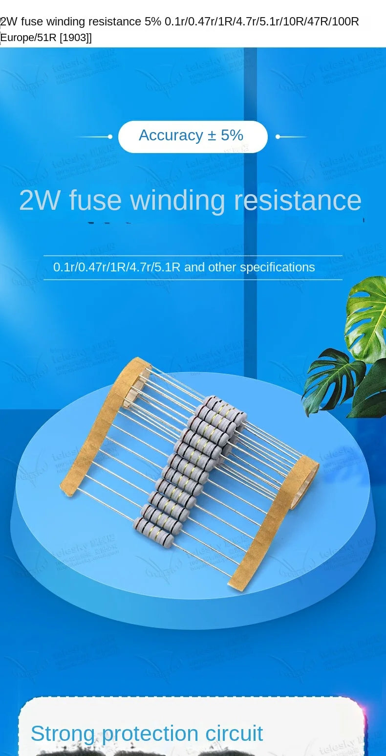 20PCS 2W 5% Wire Wound Resistor Fuse Winding Resistance 0.1 0.15 0.22 0.33 0.47 0.5 1 2.2 3.3 4.7 5.1 8.2 10 20 22 47 51 100 ohm