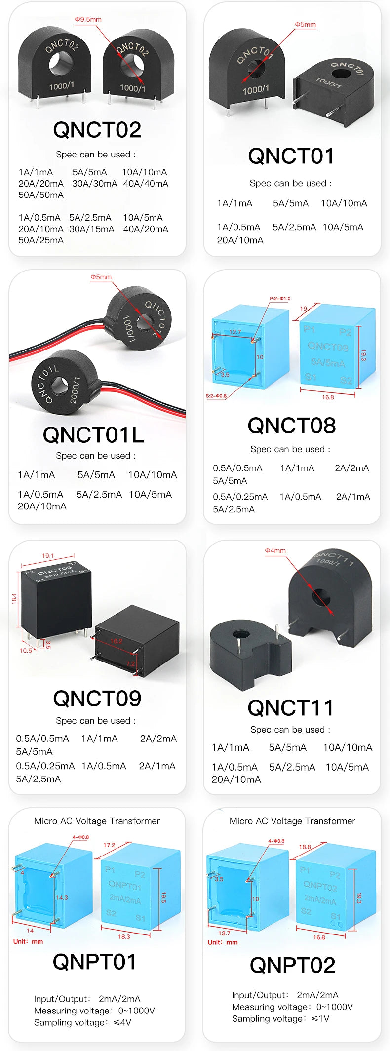 QNCTK1-16 100A 333mV 150A 1V QNCTK1-10 50A 333mV 30A 1V Split Core Current Transformer Sensor Clamp CT