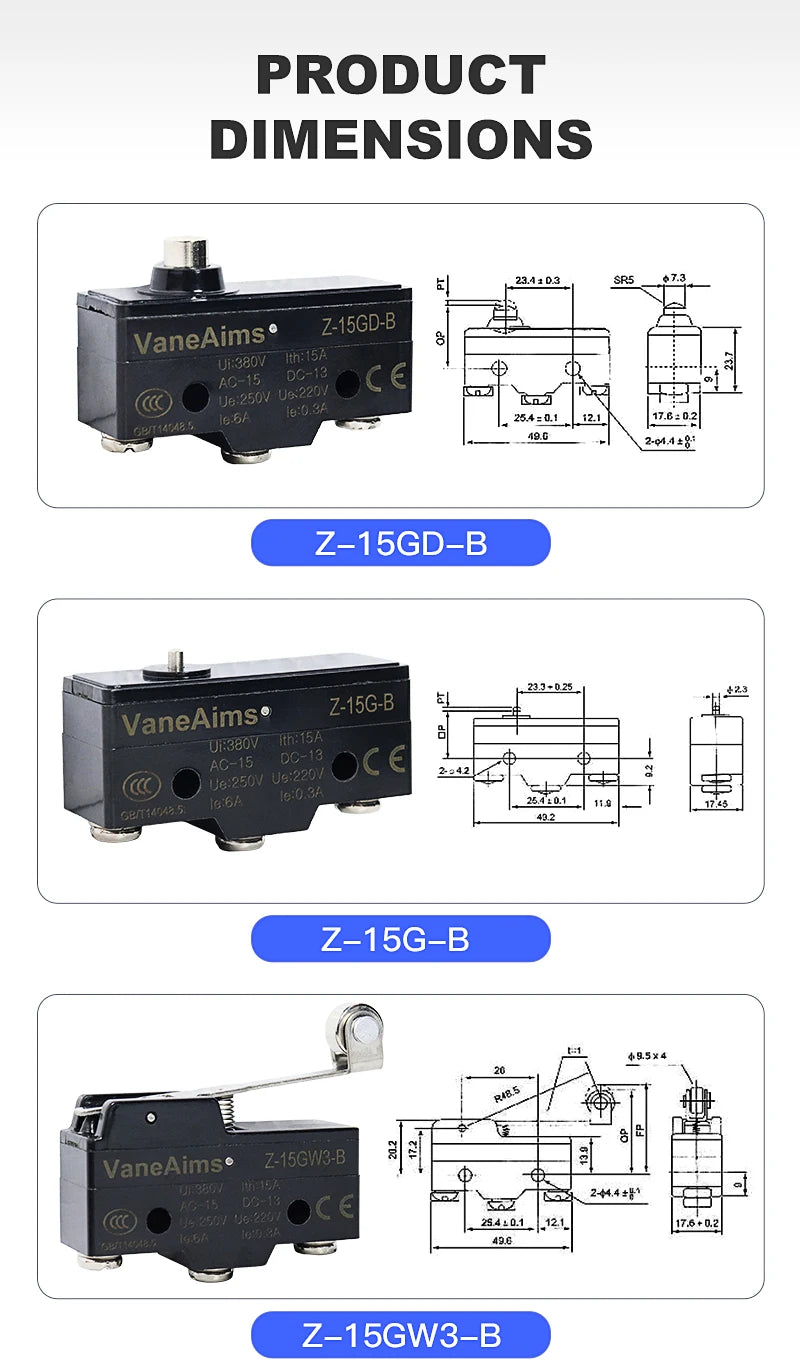 Z-15 Micro Limit switch Travel Switch Small Horizontal Roller Lever 15A 250V 1NO1NC Normally Open Normally Closed Travel Switch