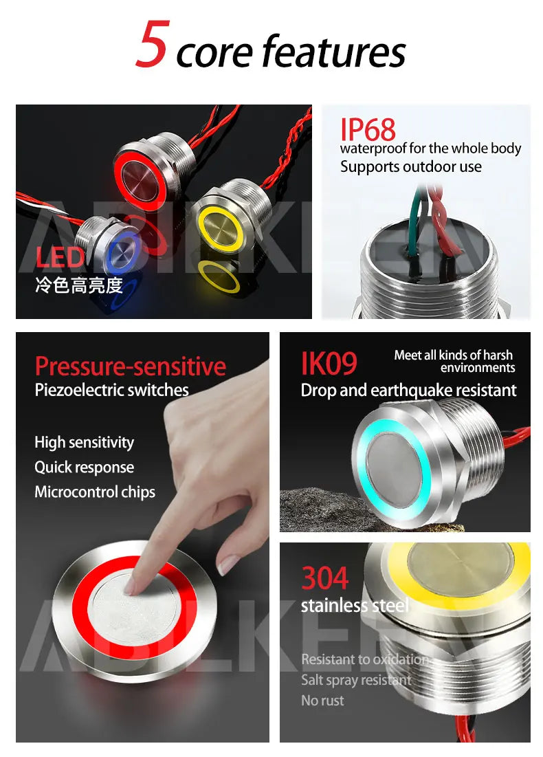 ABILKEEN 30mm 1NO Momentary/Latching Function Piezo Electric Switch IP68 Waterproof Pressure-Sensitive Switch